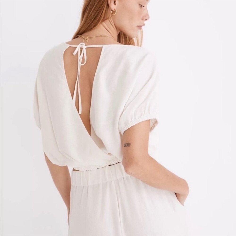 Madewell Off White Linen Open Back Bubble Hem Blouse